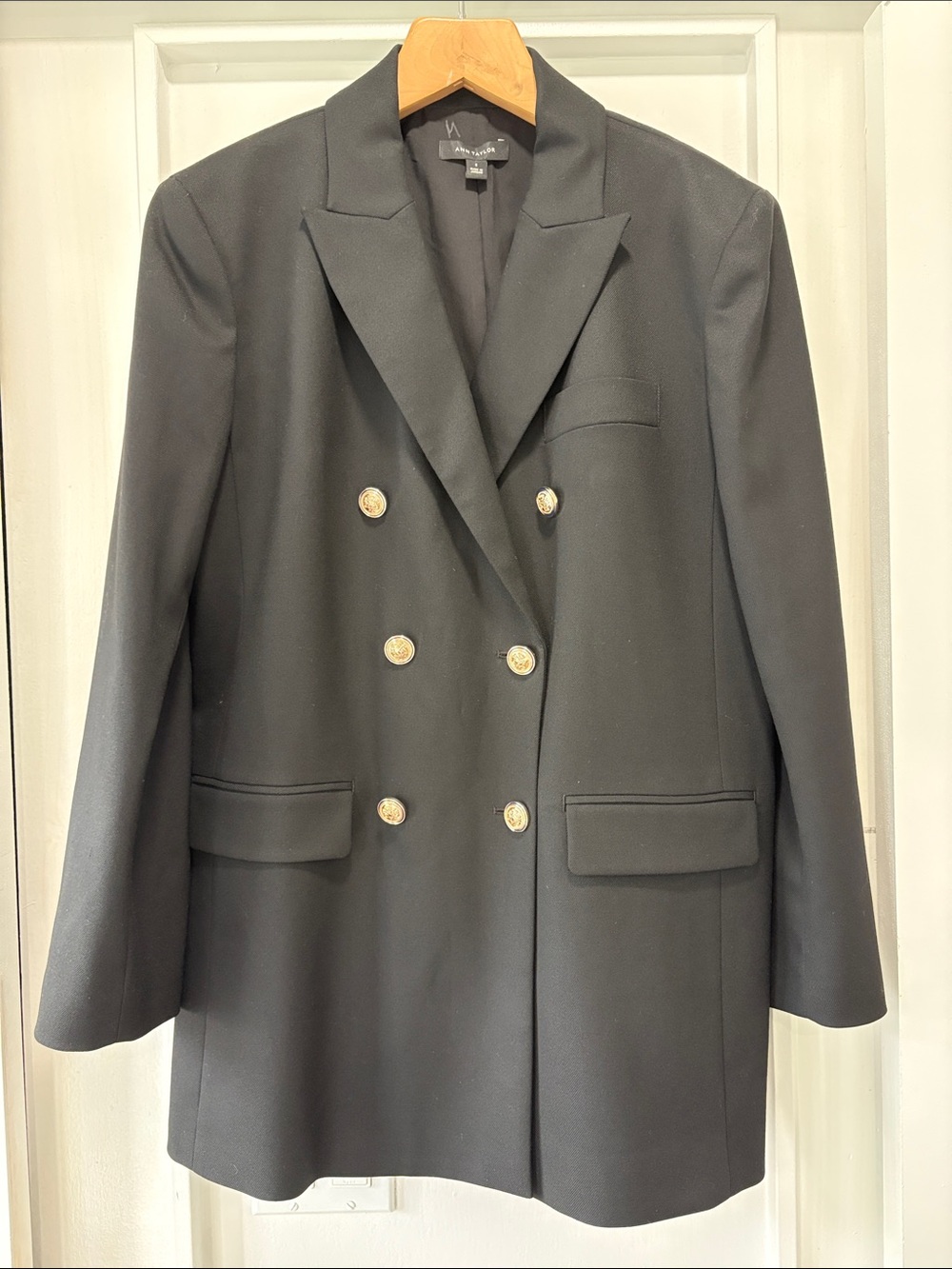 Ann Taylor Double-Breasted Black Long Blazer with Gold Buttons Size 8